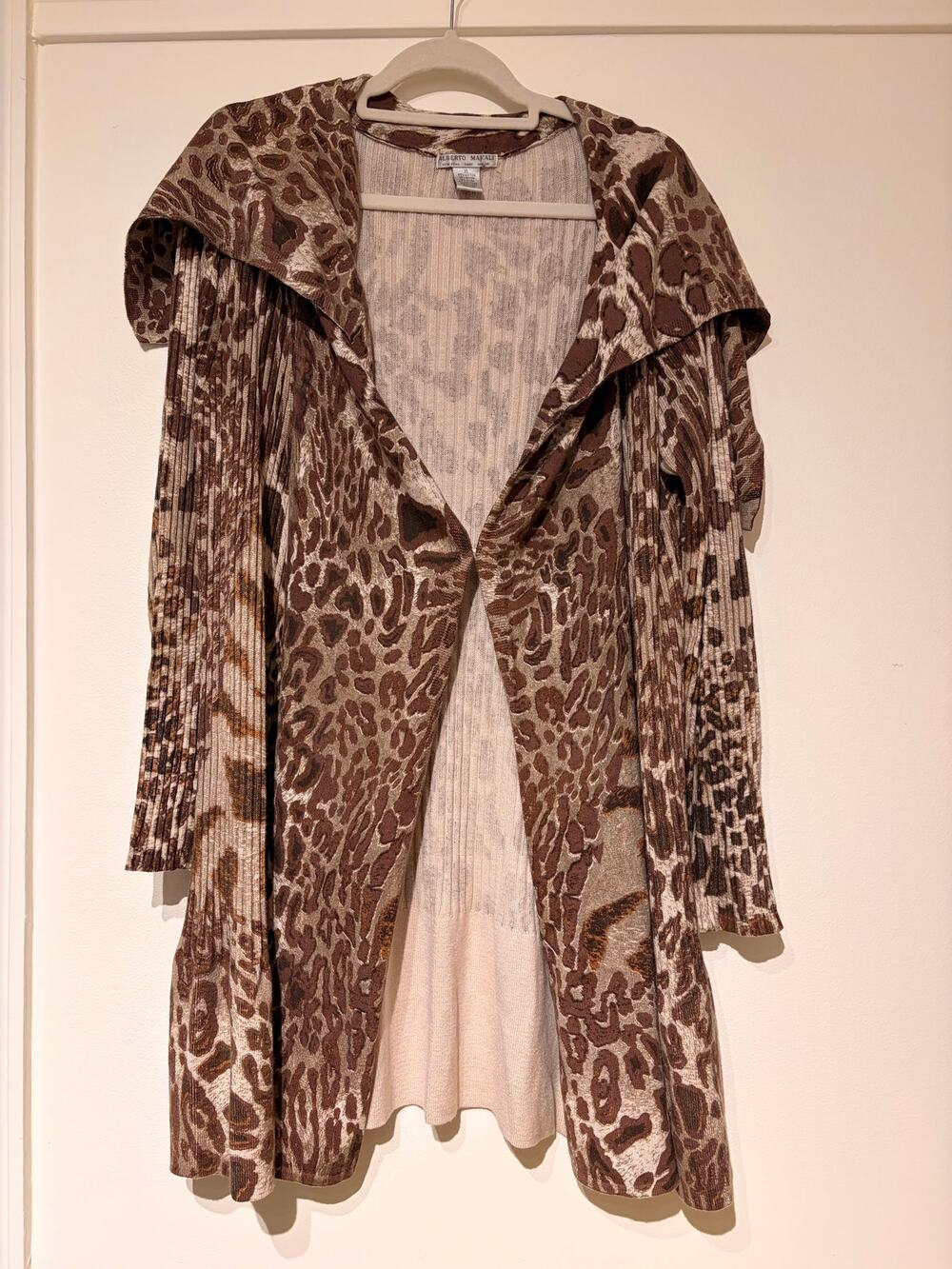 Alberto Makali XL Brown Tan Ribbed Giraffe Animal Print Long Open Cardigan